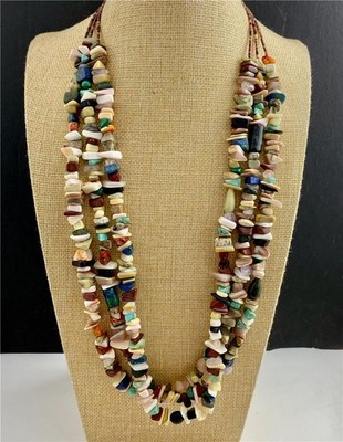 Vintage Native American Santo Domingo Multi Stone Triple Strand Necklace 27'' L.
