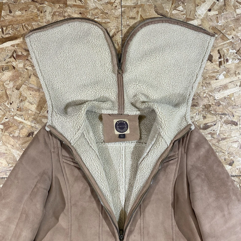 VTG Y2K Giacca Faux Suede Sherpa Lined Zip Up Hooded Tan Jacket Womens Size L - Image 4 of 4
