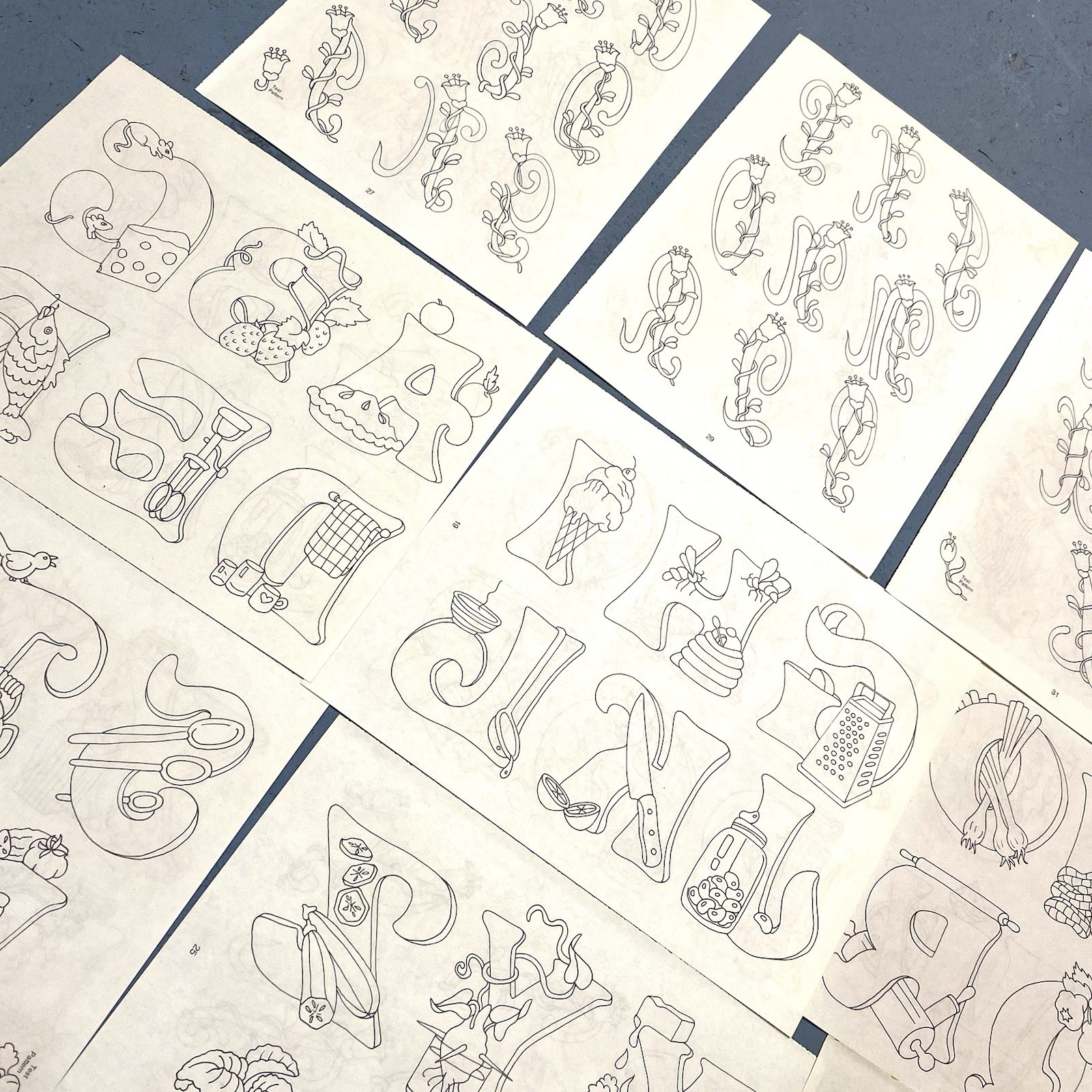 12 Vintage Iron On Transfer Individual Pattern Lot Alphabet Letters Theme Sheets