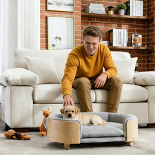 Elevated Dog Bed Sofa for Mid Size Dogs w/ Solid Wood Legs Bent Wood Back Velvet