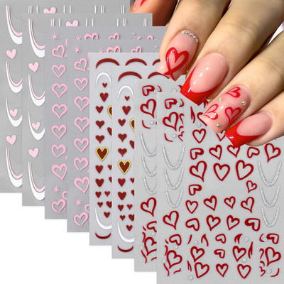8Pcs Heart Nail Art Stickers Wavy Line Nail Decals 3D Self-Adhesive Love Hollow