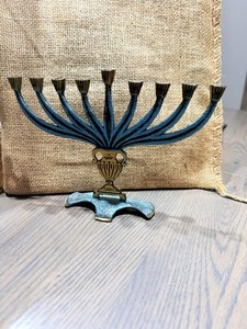 Vintage Israel Iron & Brass Patina Hanukkah Chanuka Menorah Judaica Home Decor