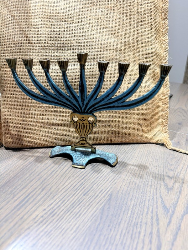 Vintage Israel Iron & Brass Patina Hanukkah Chanuka Menorah Judaica Home Decor