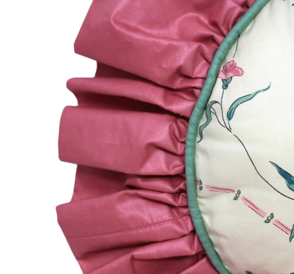 2 Vintage Round Throw Pillows Ruffle Accent Shabby Cottagecore Pink Floral 14" - Image 4 of 4