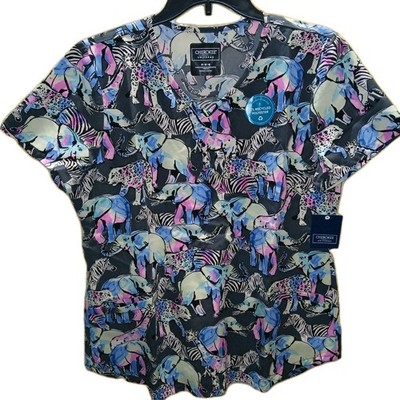 Cherokee Uniform Medical Scrubs Top Women M  Animals Elephants Zebras Giraffes