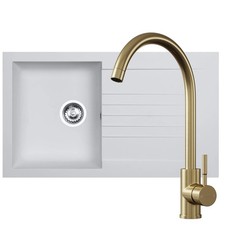 Liquida KAVL860WH 1.0 Bowl White Kitchen Sink And VT65AB Antique Brass Tap