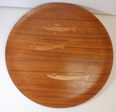 Vintage Teak Tray, Shigemichi Aomine, inlay Fish,  NCC - National Crafts Council