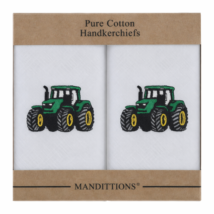 Green Farm Tractor Handkerchiefs 2 Mens White Cotton Embroidered Hankies Boxed