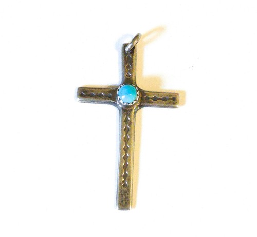 Vintage Native American Sterling Silver Turquoise Cross Pendant - Picture 2 of 5
