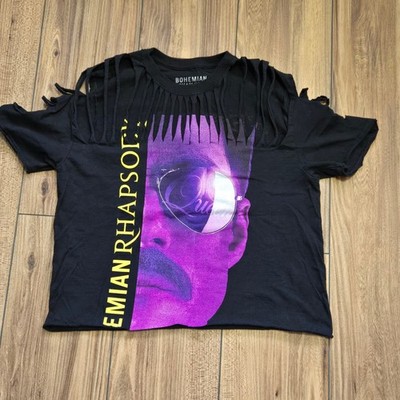 Queen Bohemian Rhapsody Freddie Mercury Graphic T-Shirt Shredded Black Purple M