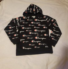 Champion Reverse Weave Black All Over Logo Print Hoodie Boys L