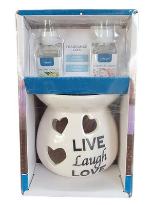 Ceramic Oil Warmer Gift Set 'Live Laugh Love' Fragrance Oils Cherry & Vanilla