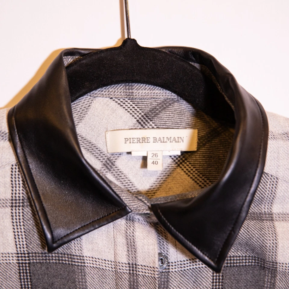 Pierre Balmain Women's Wool Blend Leather Trim Button Front Collared Shirt Gray - Image 2 of 3