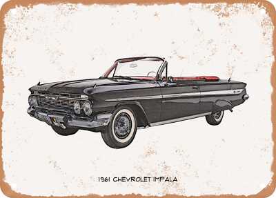Classic Car Art - 1961 Chevrolet Impala Pencil Sketch - Rusty Look Metal Sign 2