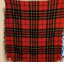 Vintage Troy Robe Throw Stadium Blanket Red Tartan Plaid Fringe Cabin Car USA