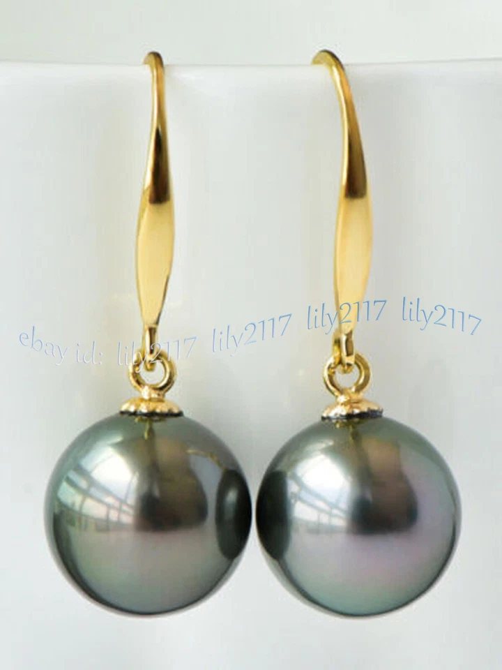 Pendientes de gancho colgantes de oro de 14K de perlas redondas negras naturales genuinas de 11-12 mm de Tahití Foto 2 de 4