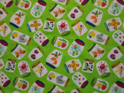 BUGS INSECTS IN JARS CREEPY CRAWLERS KIDS GREEN COTTON  FABRIC FQ 