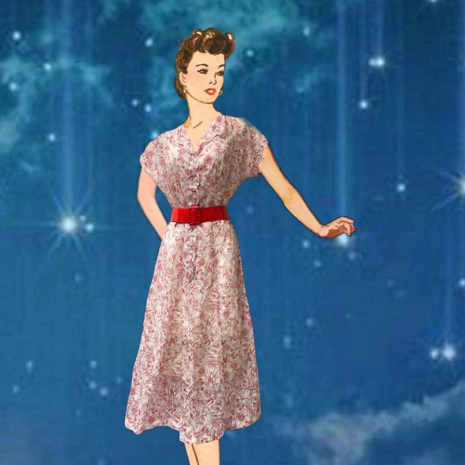 1950's Fit & Flare MCM Red Pattern Sheer Dress Lucite Rhinestone Buttons Sz M - Image 2 of 4