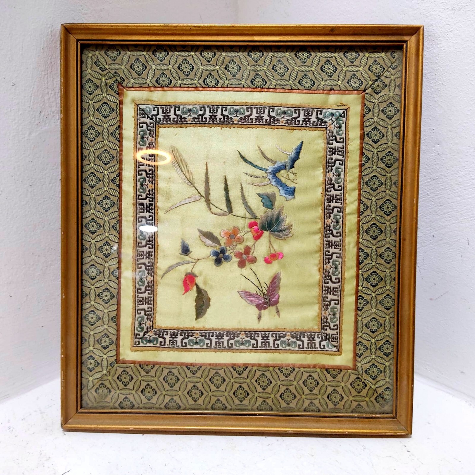 Vintage Silk Embroidery Wall Art Panel Flowers Decor Glass Frame Wood