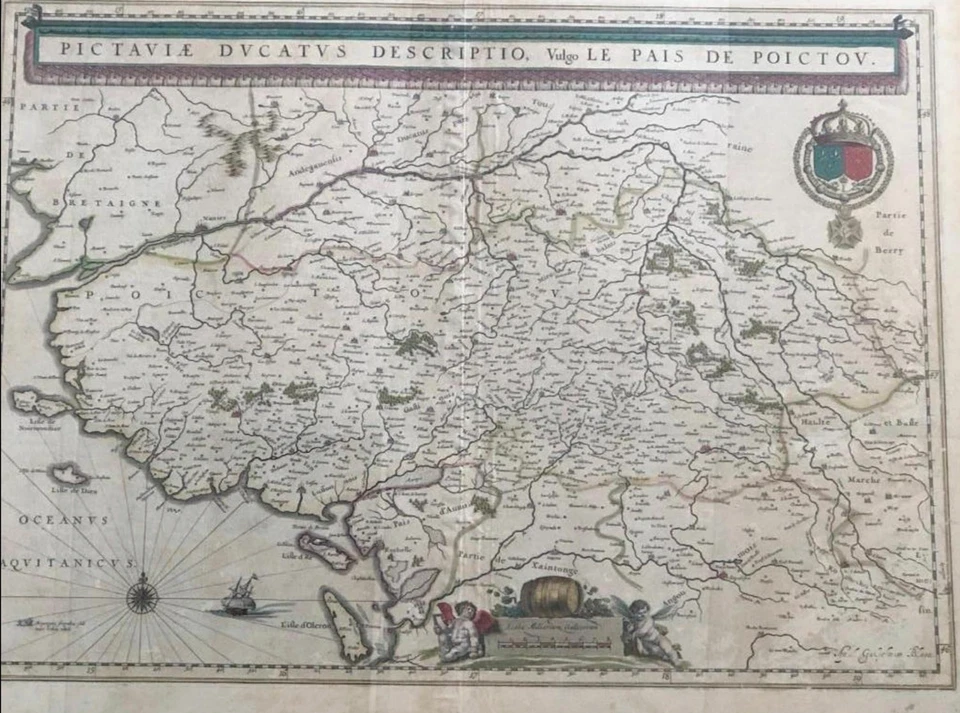 Antiguo mapa original de "Vulgo Le Pais De Poictov" (sur de Francia) circa 1657 Foto 2 de 4