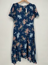 LOFT Dress Womens 6 Blue Floral Print Short Sleeve Blouson Flared