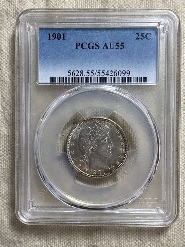 1901 Barber Quarter 25c PCGS AU55 Mostly White Coin Rim Toning Tough Coin