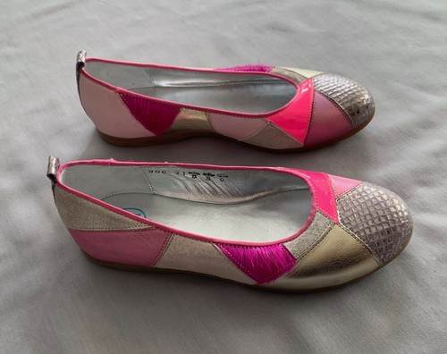 NEW POM D'API GIRLS LEATHER PINK SILVER PATCHWORK MARY JANE SHOES UK 12.5 SZ 31 - Picture 2 of 6