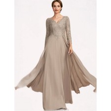 Lace Long Sleeve Bridal Mom A-line V-neck Chiffon Floor Draping Folded Mom Dress