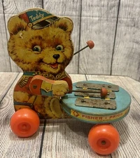 Vintage 1966 Wooden Fisher Price Pull String Toy Teddy Xylophone Player - Tested