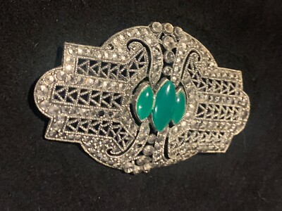Gorgeous art deco Marcasite Large Brooch Green Stones Sparkling Missing Few Marc