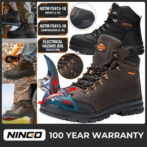 NINGO Men Steel Toe Work Boots Water Resistant Leather Safety Construction Boots