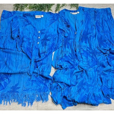 Serendipity Maui Blue Tropical Rayon 4-Piece Set Top Vest Pants Sarong EUC Vacay