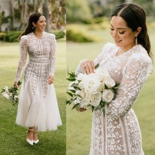 Bronx and Banco Megan Midi Dress White Floral Embroidered Mesh Bridal Size XS