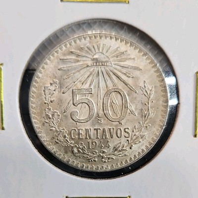 Mexico 1944 50 Centavos Silver Coin, Estados Unidos Mexicanos Eagle Design