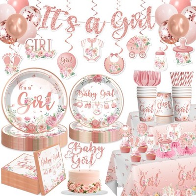Xynic 213Pcs Its a girl Baby Shower Decorations Tableware Set Severs 25, Flor...