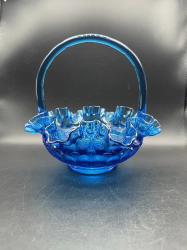 Fenton Thumbprint Brides Basket Colonial Blue 8" Ruffled Rim Excellent
