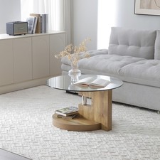 Modern Round Coffee Table Glass Top MDF Legs Natural Brown