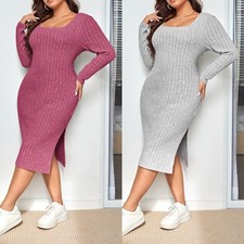 Women's Long Sleeve Stretch Bodycon Ribbed Split Dresses Jumper Dress PLUS SIZE