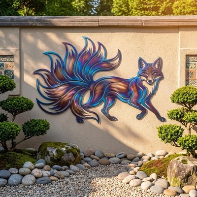 Nine Tailed Fox Metal Wall Art, Fire Roasted Animal Patio Decor
