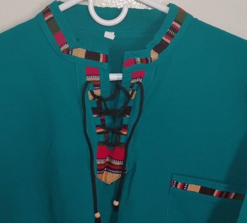 Women’s Teal Woven Tunic Blouse Lace Trim Tie Neck Long Sleeve, XXL