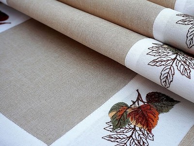 6470 Herbst-Tischläufer mit Blattstickerei in Leinenoptik Größenwahl Creme 6470