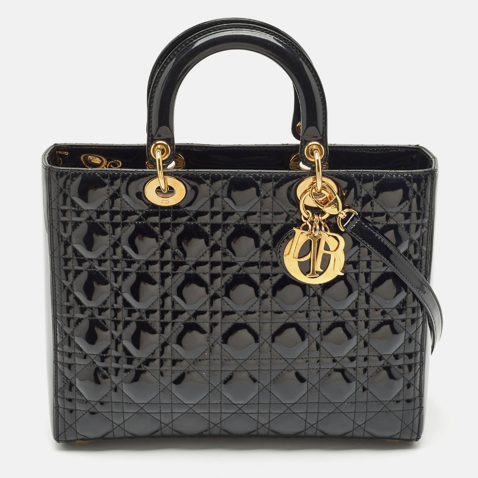 Dior Black Cannage Patent Leather Large Lady Dior Tote Bag  