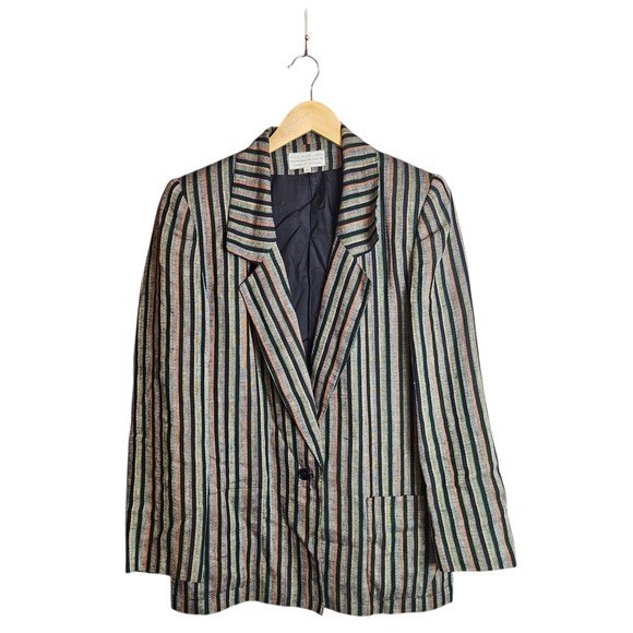 Vintage Neiman Marcus Black Vertical Stripe Linen Single Button Blazer Size 10