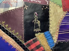 Crazy Log Cabin Quilt Blocks Hand Embroidery Embellishment Wool Silk Vintage