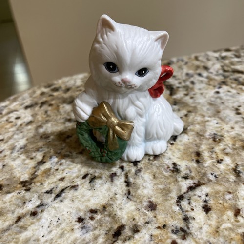 Coppia di gattini vintage Homco Natale 3,5" ghirlanda e canna di caramelle MCM nonna nucleo - Foto 2 di 10
