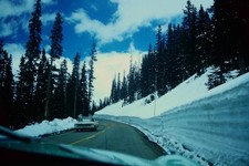 CARS DRIVING DOWN MOUNTAIN ROAD WITH LARGE SNOW BANKS, 1960's PHOTO SLIDE