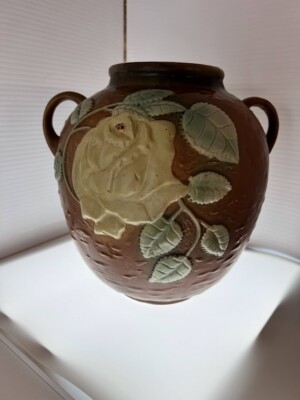 Signed Clay Ceramic Pot with Handles/Yellow Rose and Green leaves
