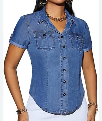 Guess Women's Denim Button -Up Shirt Navy Size L/G A1