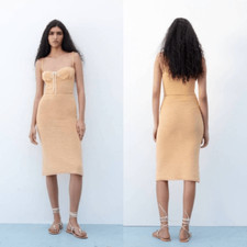 Zara Crochet Knit Bustier Pastel Orange Midi Dress L NWT