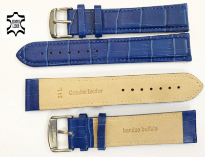 24 mm Extra Lang L Uhrenarmband Echt Leder Kroko-Print Blau